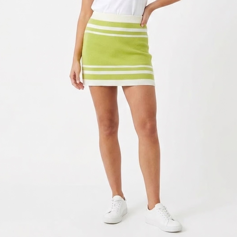 Saodimallsu Lime Green White Geometric Striped Knit Mini Skirt Size L